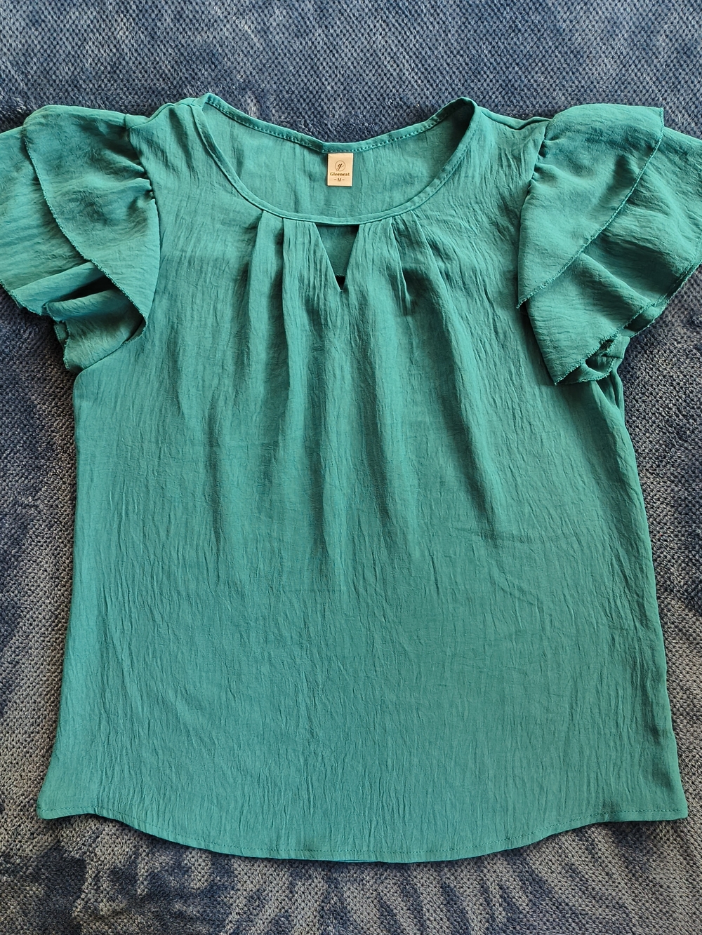 Women’s Teal Ruffle Sleeve Blouse with Notch Neck